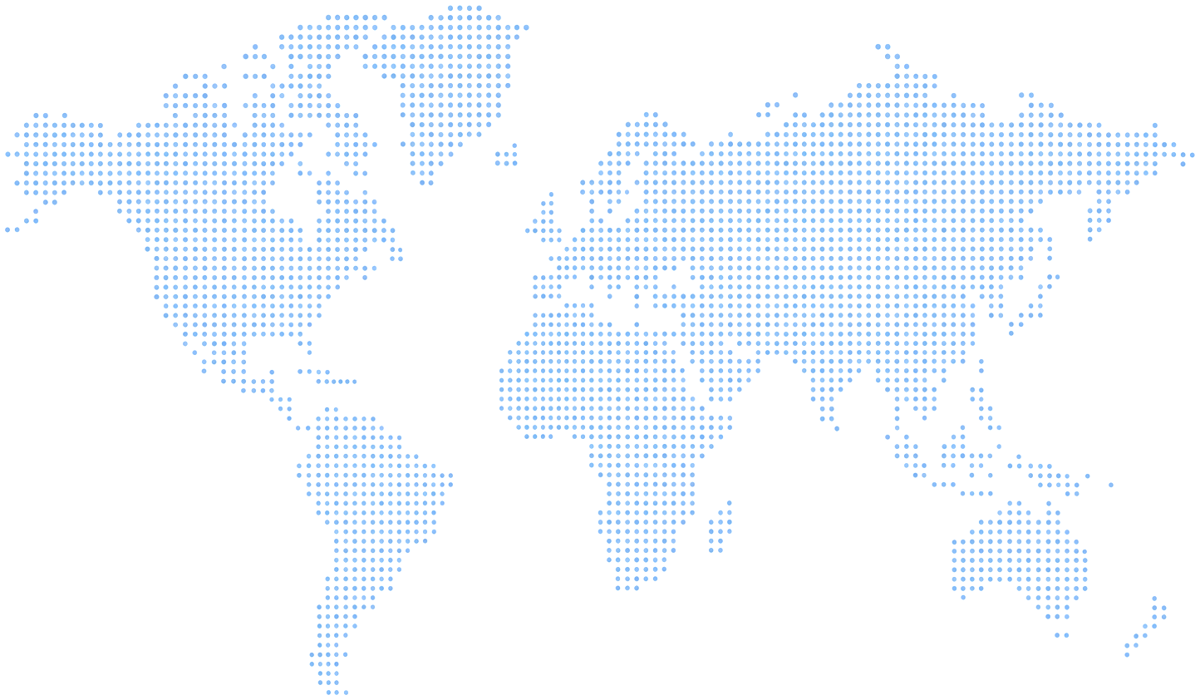 A world map drawn in pale blue dots, showing global server coverage